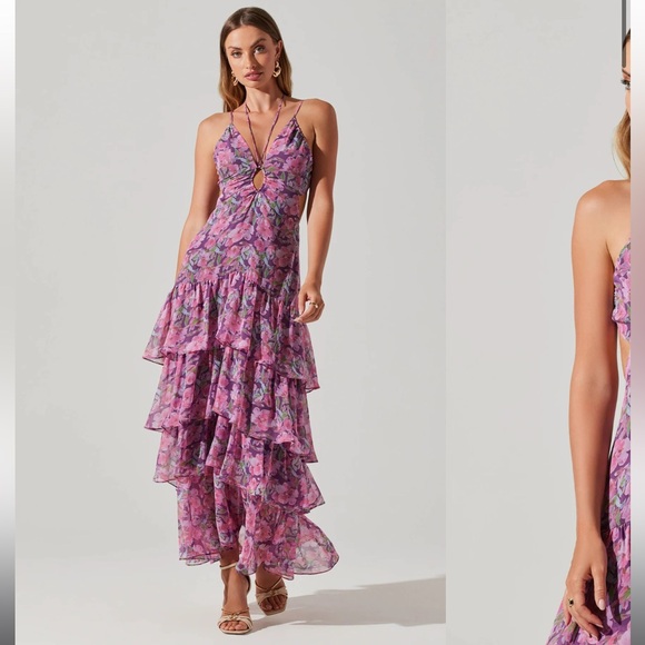 Aneira Floral Tiered Maxi Dress - Purple Pink Floral / XL
